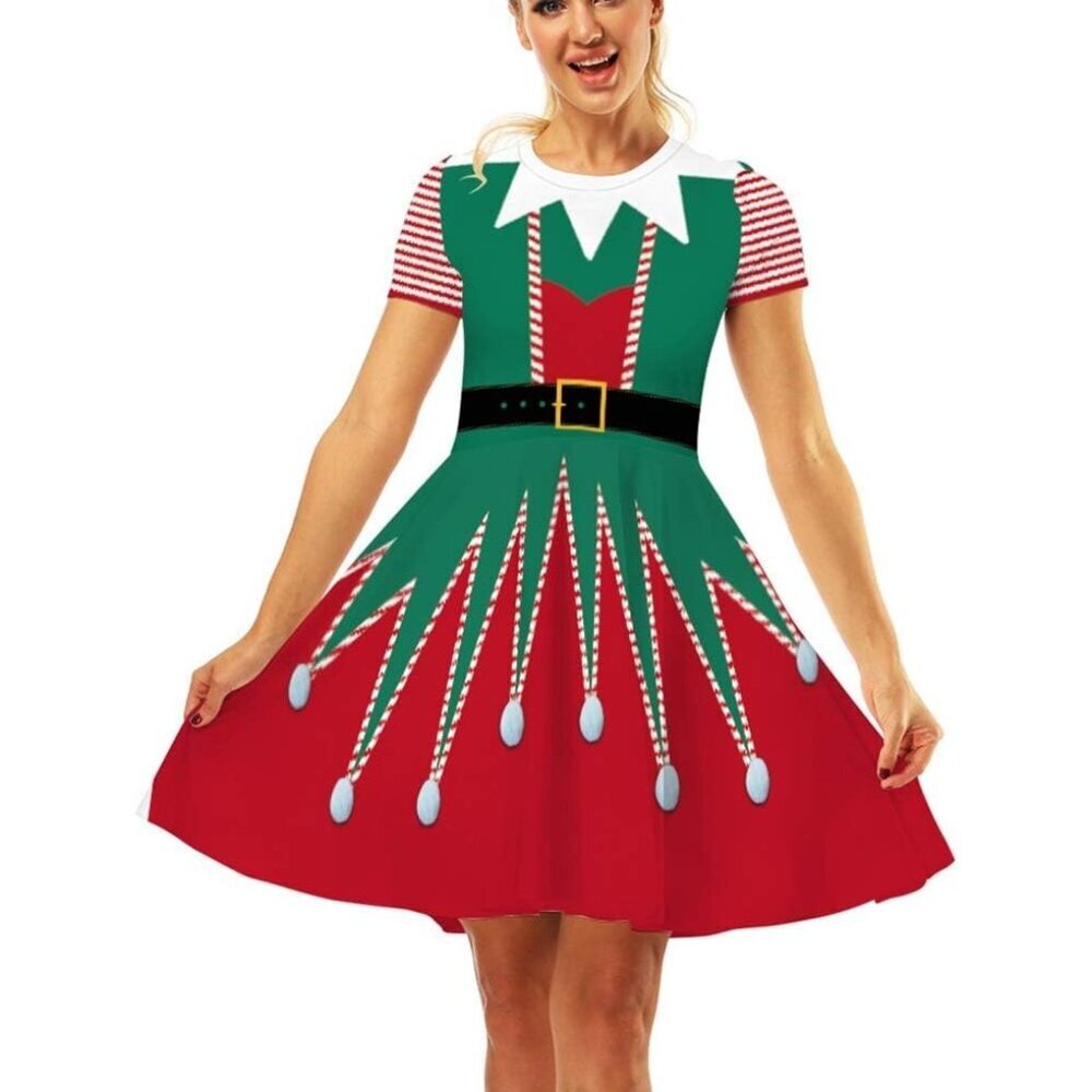 Women Ugly Christmas Santa Dress Red Green 2 Elfes Holiday Print Dress For Xmas
